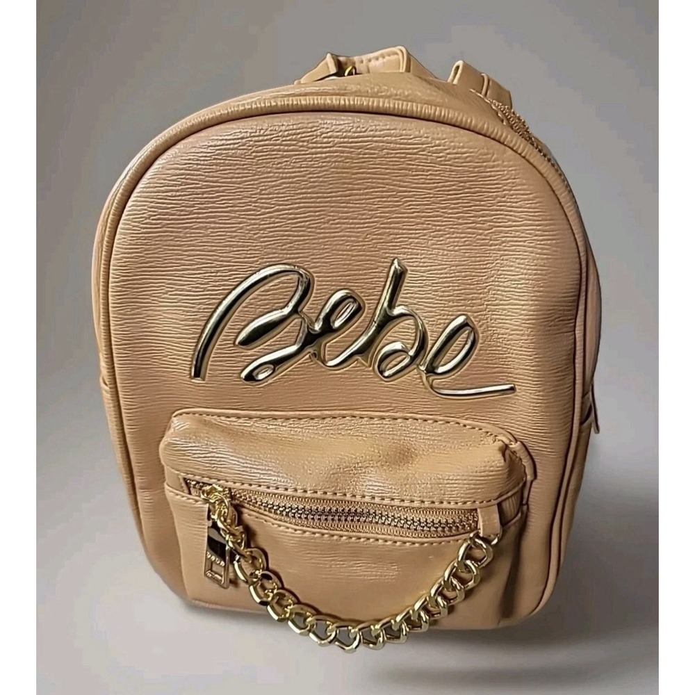 BEBE Women's Gianna Mini Backpack Tan With Gold Accents‎ Chain NWT Loop Handle